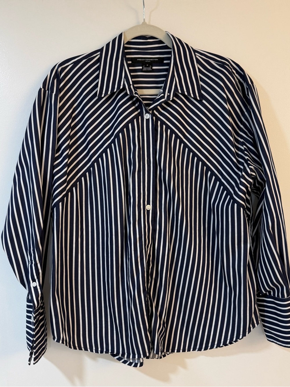 French Connection Navy and White Striped Button-Down Shirt Size M, 100% Cotton